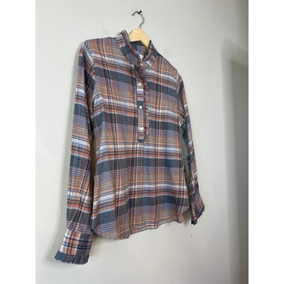 NWT Birds of Paradis By Trovata Ruffle Breezy Blouse Eclipse Plaid Button Down - Picture 3 of 7